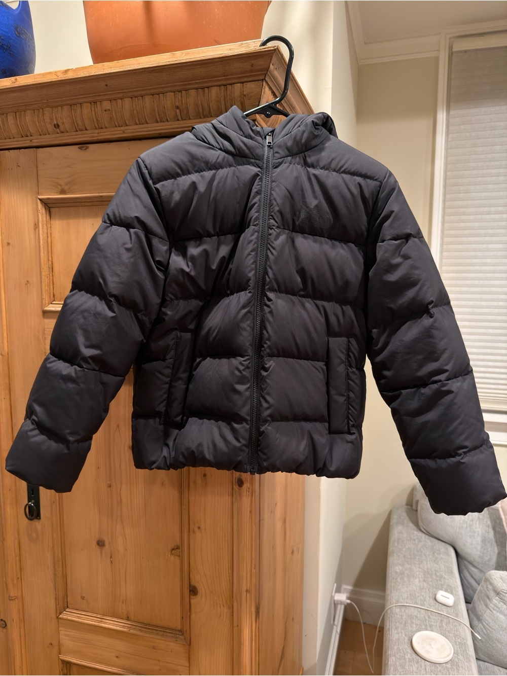 Kids Black Puffer Jacket with Hood - large / 12